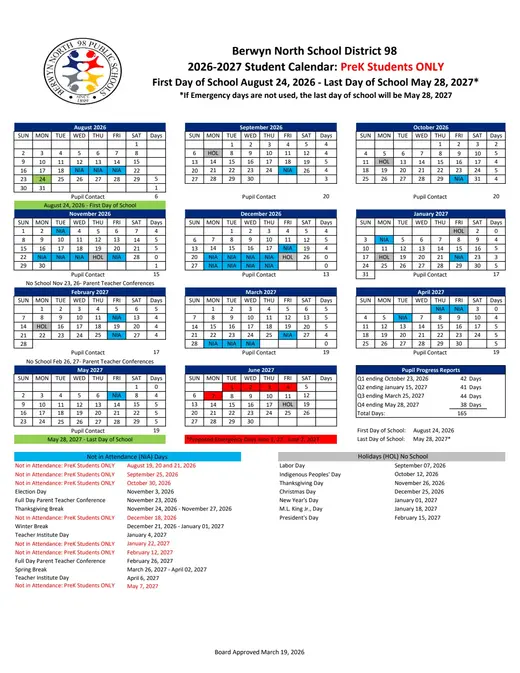 Berwyn North School District 98 2026–2027 Academic Calendar