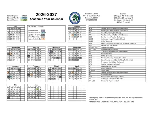 Berwyn South School District 100 2026–2027 Academic Calendar