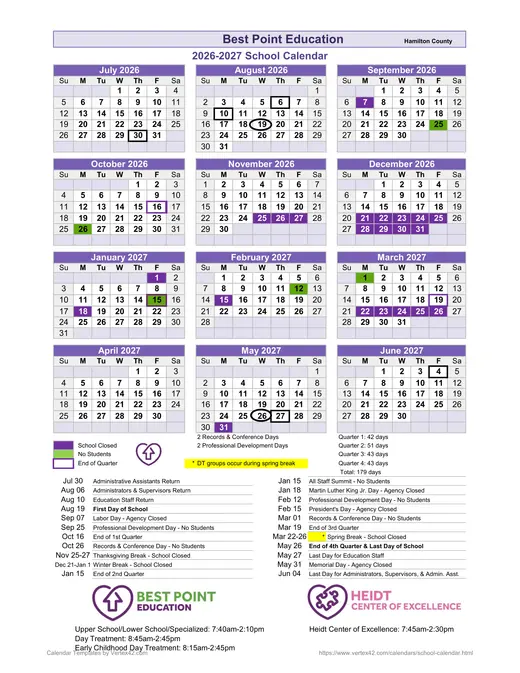 Best Point Education Hamilton County 2026–2027 Academic Calendar Page 1