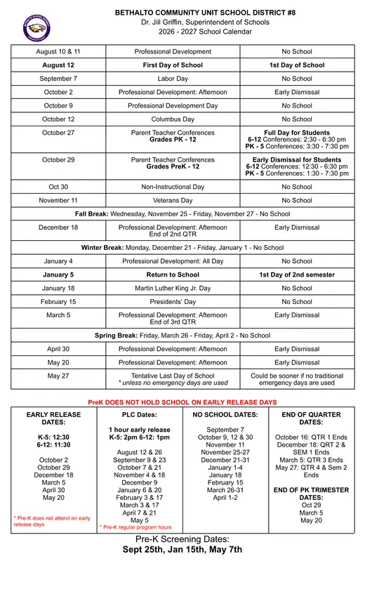 Bethalto Community Unit School District #8 2026–2027 Academic Calendar