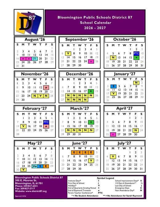 Bloomington Public Schools District 87 2026–2027 Academic Calendar Page 1