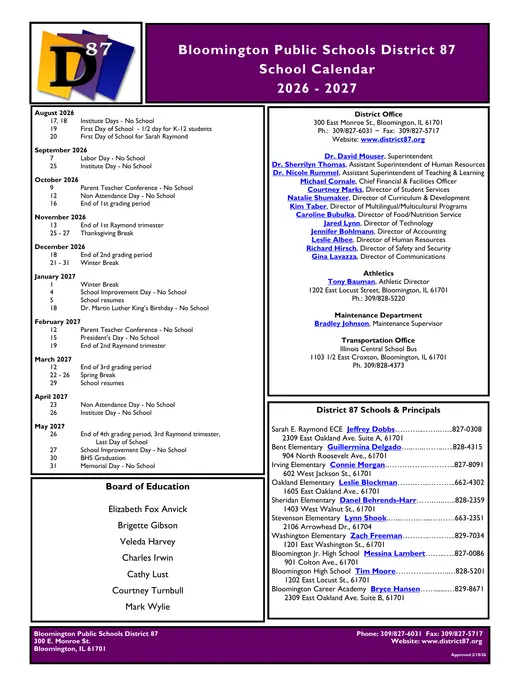 Bloomington Public Schools District 87 2026–2027 Academic Calendar Page 2