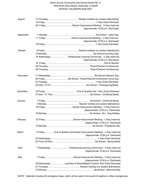 Bond County Community Unit School District No. 2 2026–2027 Academic Calendar