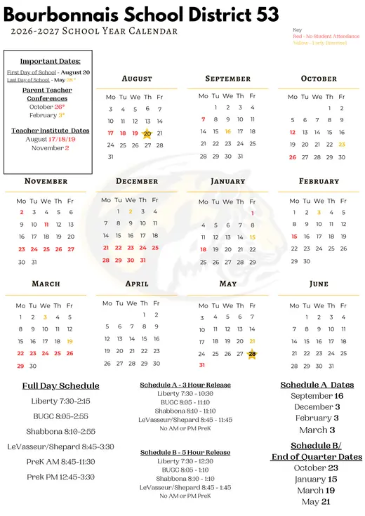 Bourbonnais School District 53 2026–2027 Academic Calendar