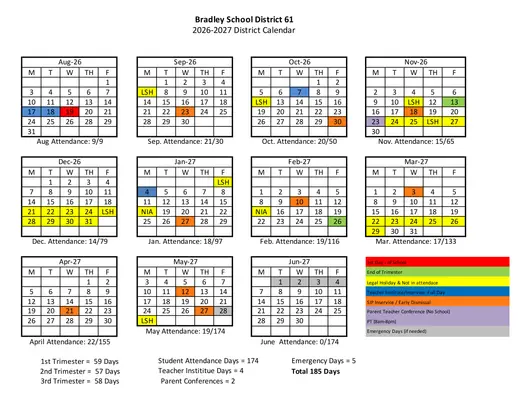 Bradley School District 61 2026–2027 Academic Calendar Page 1