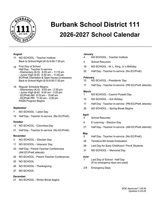 Burbank School District 111 2026–2027 Academic Calendar