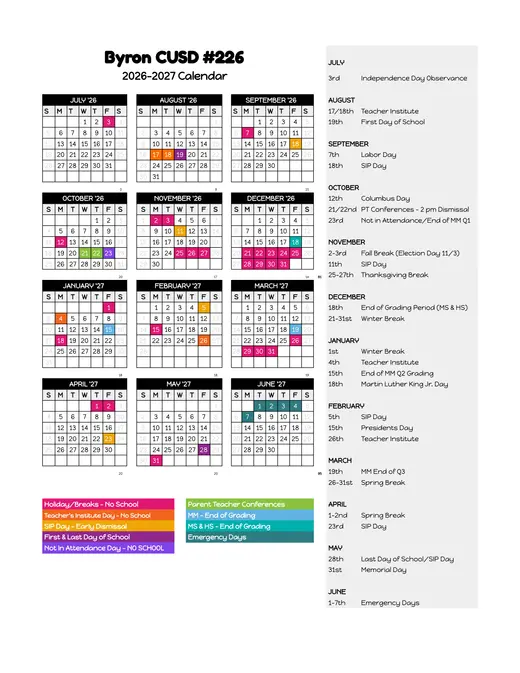 Byron CUSD #226 2026–2027 Academic Calendar