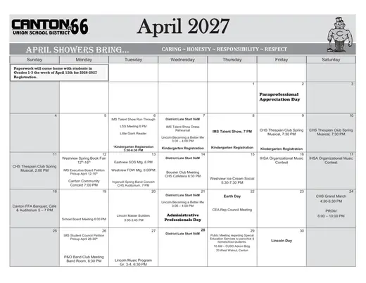 Canton Union School District #66 2026–2027 Academic Calendar Page 2