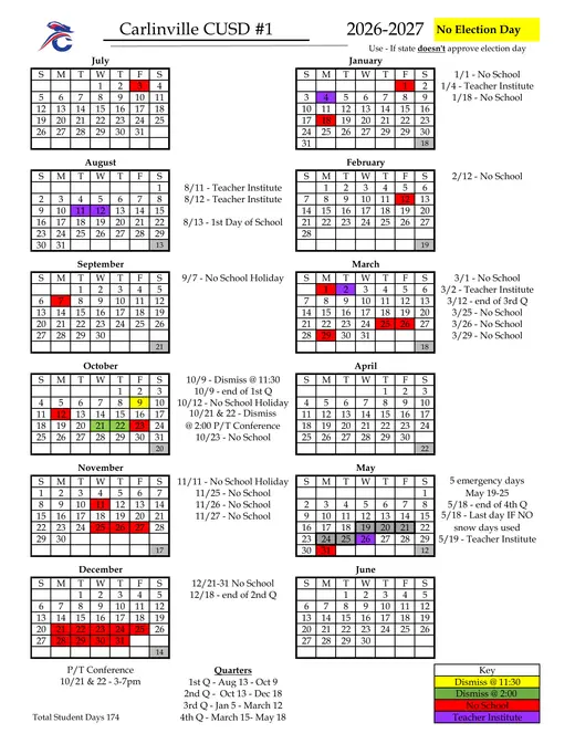 Carlinville CUSD #1 2026–2027 Academic Calendar