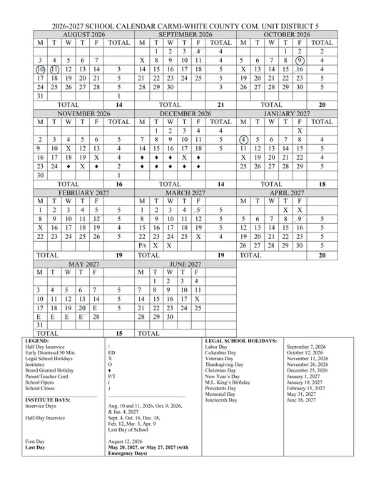 Carmi-White County Com. Unit District 5 2026–2027 Academic Calendar Page 1