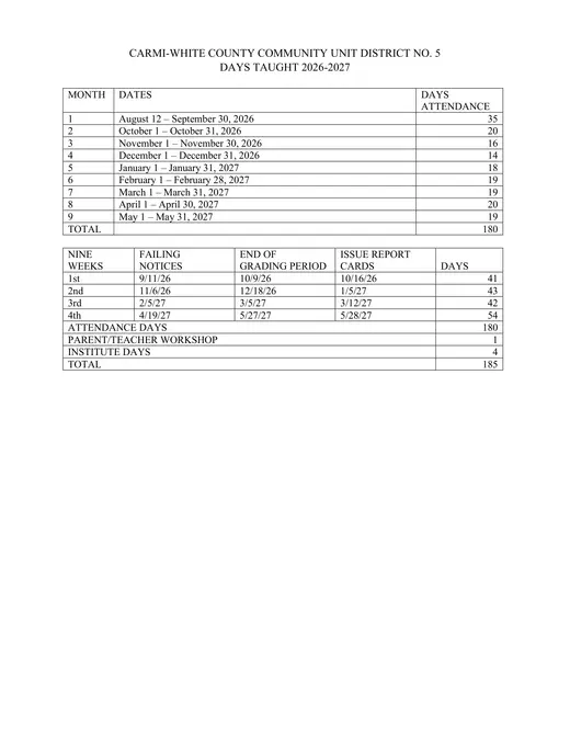 Carmi-White County Com. Unit District 5 2026–2027 Academic Calendar Page 2