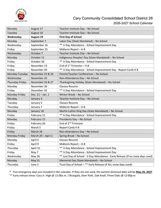 Cary Community Consolidated School District 26 2026–2027 Academic Calendar