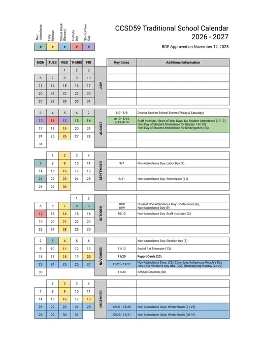 CCSD59 Traditional 2026–2027 Academic Calendar Page 1