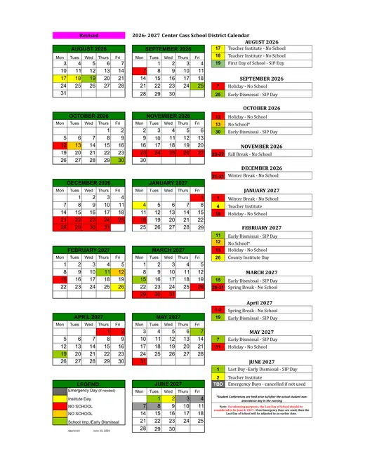 Center Cass School District 2026–2027 Academic Calendar