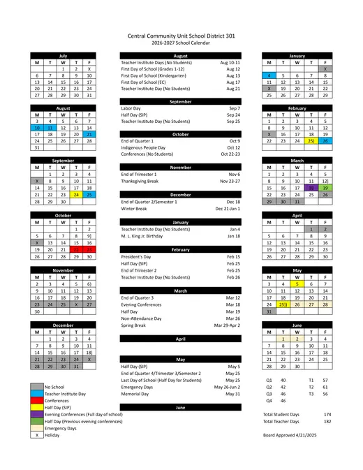 Central Community Unit School District 301 2026–2027 Academic Calendar