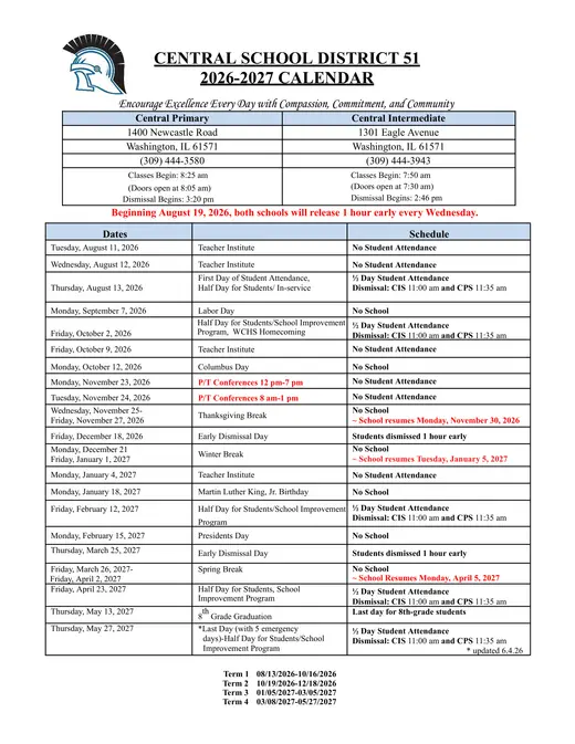 Central School District 51 2026–2027 Academic Calendar Page 1