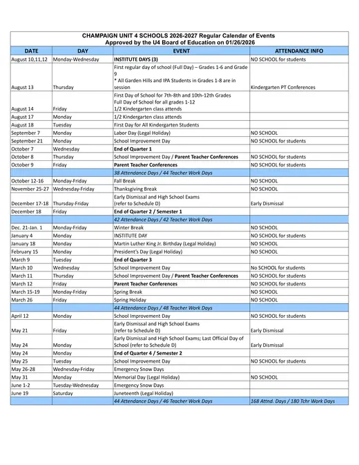 Champaign Community Unit School District 4 2026–2027 Academic Calendar Page 2