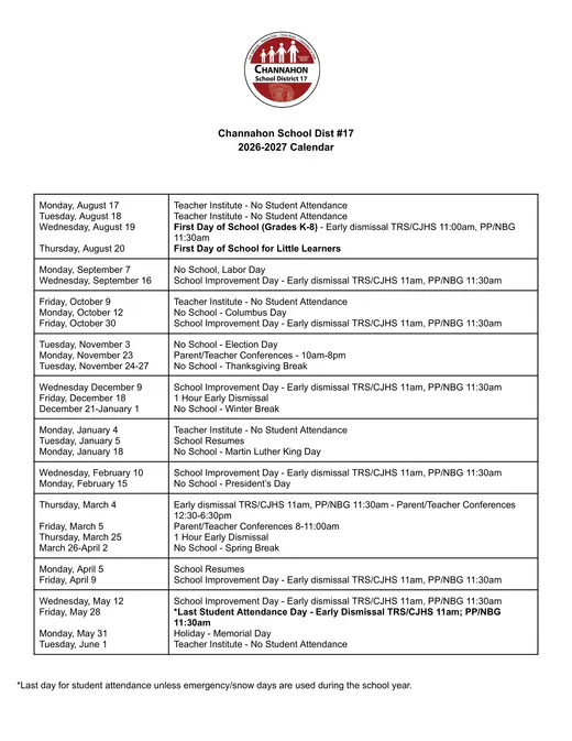 Channahon School Dist #17 2026–2027 Academic Calendar
