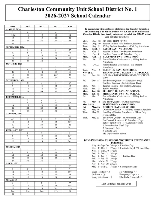 Charleston Community Unit School District No. 1 2026–2027 Academic Calendar