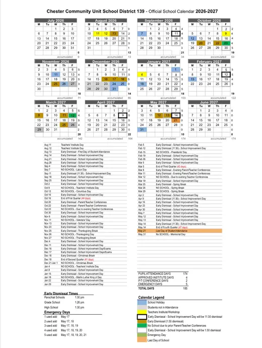 Chester Community Unit School District 139 2026–2027 Academic Calendar Page 1