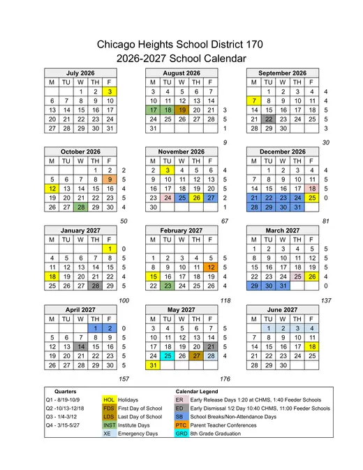 Chicago Heights School District 170 2026–2027 Academic Calendar Page 1