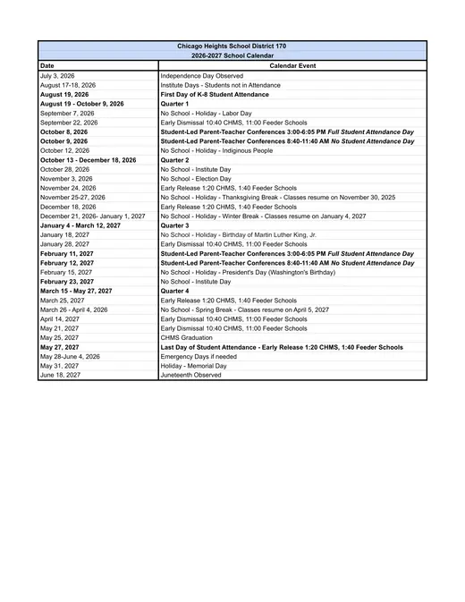 Chicago Heights School District 170 2026–2027 Academic Calendar Page 2