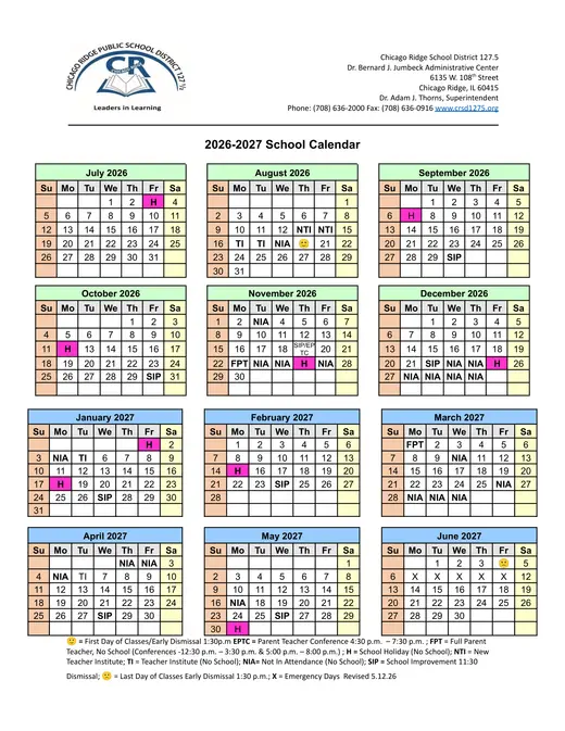 Chicago Ridge School District 127.5 2026–2027 Academic Calendar