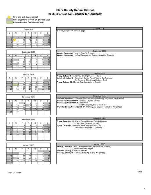 Clark County School District 2026–2027 Academic Calendar Page 1