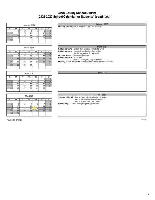 Clark County School District 2026–2027 Academic Calendar Page 2