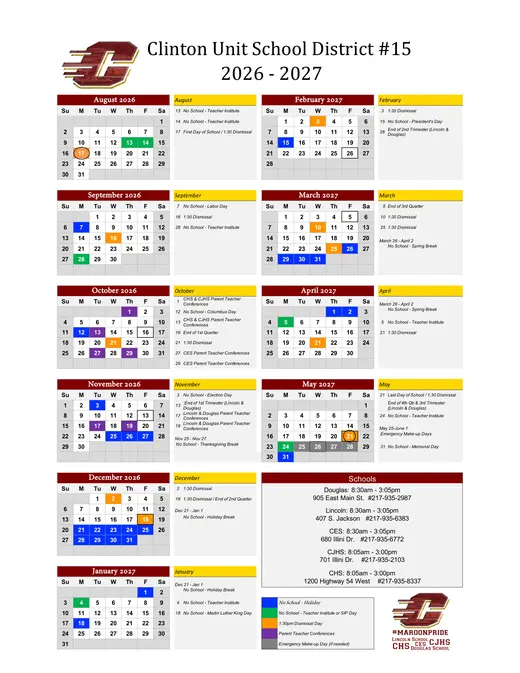 Clinton Unit School District #15 2026–2027 Academic Calendar