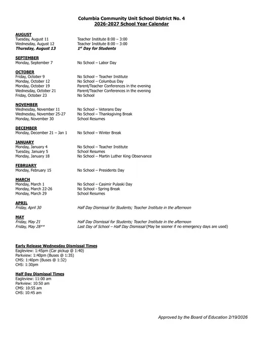 Columbia Community Unit School District No. 4 2026–2027 Academic Calendar
