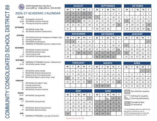 Community Consolidated School District 89 2026–2027 Academic Calendar Page 1