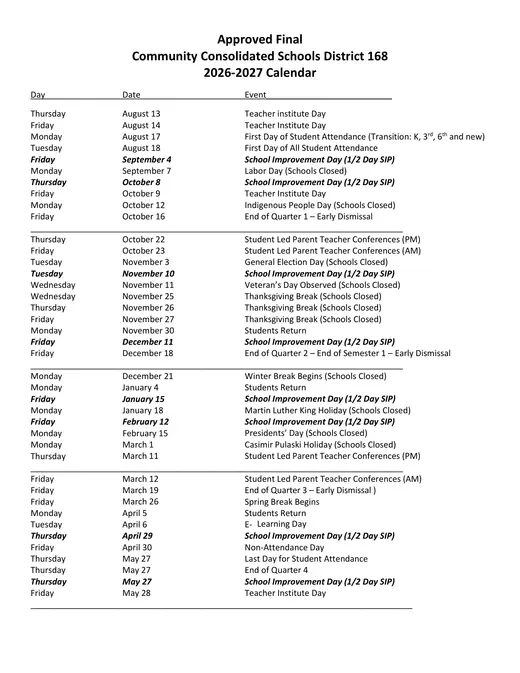 Community Consolidated Schools District 168 2026–2027 Academic Calendar Page 1