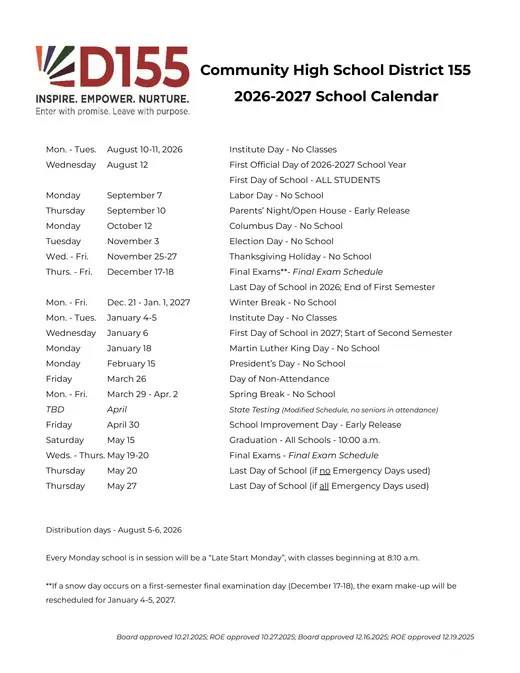 Community High School District 155 2026–2027 Academic Calendar