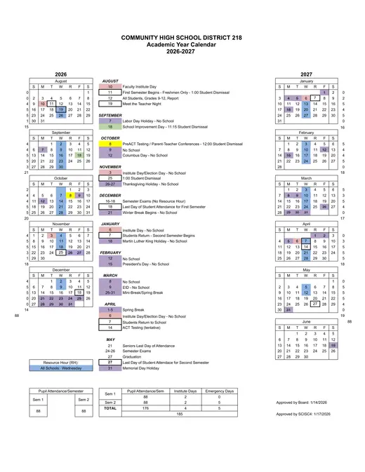 Community High School District 218 2026–2027 Academic Calendar