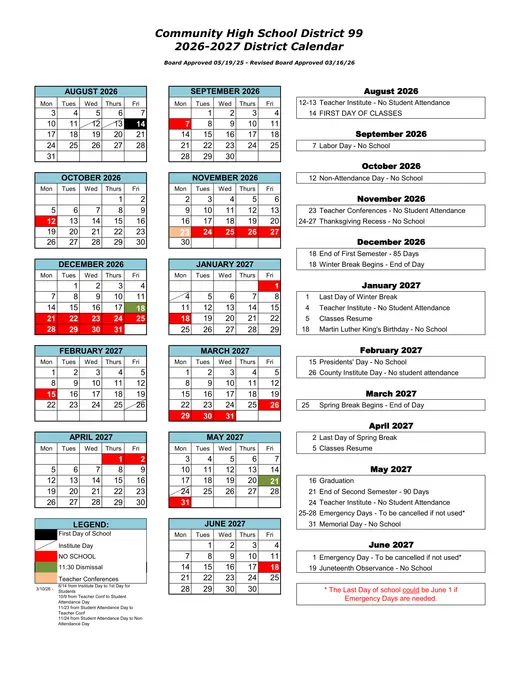 Community High School District 99 2026–2027 Academic Calendar