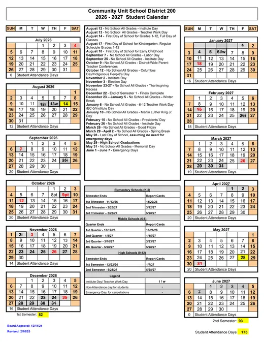 Community Unit School District 200 2026–2027 Academic Calendar