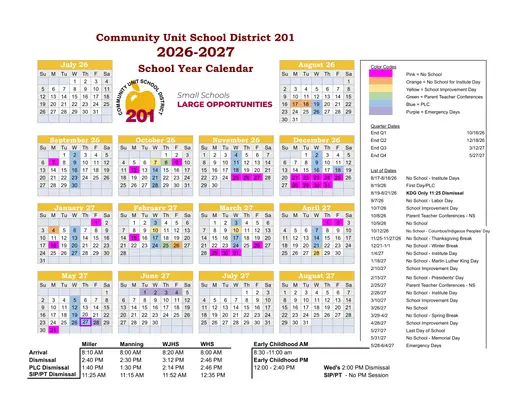 Community Unit School District 201 2026–2027 Academic Calendar
