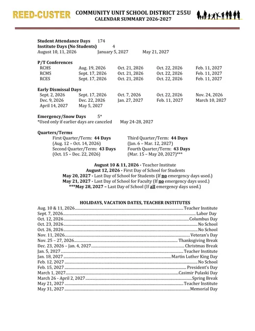 Community Unit School District 255U 2026–2027 Academic Calendar Page 1