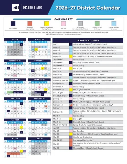 Community Unit School District 300 2026–2027 Academic Calendar Page 1