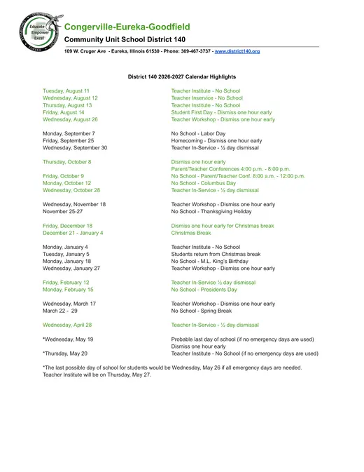 Congerville-Eureka-Goodfield Community Unit School District 140 2026–2027 Academic Calendar