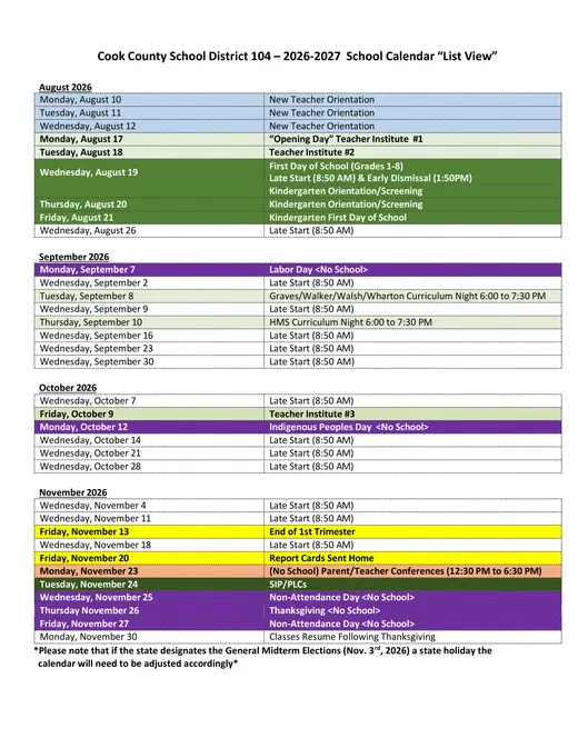 Cook County School District 104 2026–2027 Academic Calendar Page 1