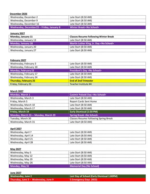 Cook County School District 104 2026–2027 Academic Calendar Page 2
