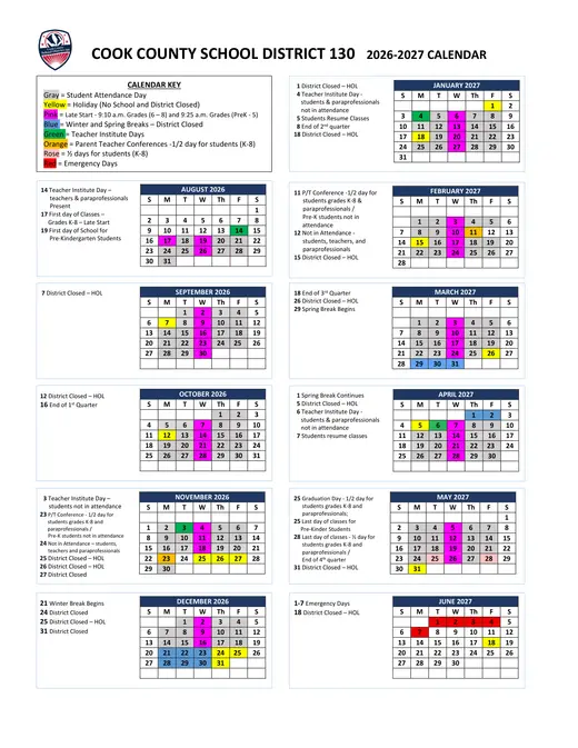 Cook County School District 130 2026–2027 Academic Calendar Page 1