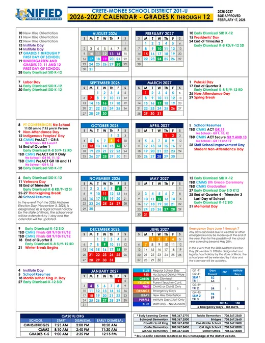 Crete-Monee Community Unit School District 201-U 2026–2027 Academic Calendar Page 1