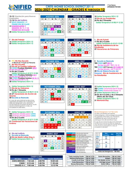 Crete-Monee Community Unit School District 201-U 2026–2027 Academic Calendar Page 2