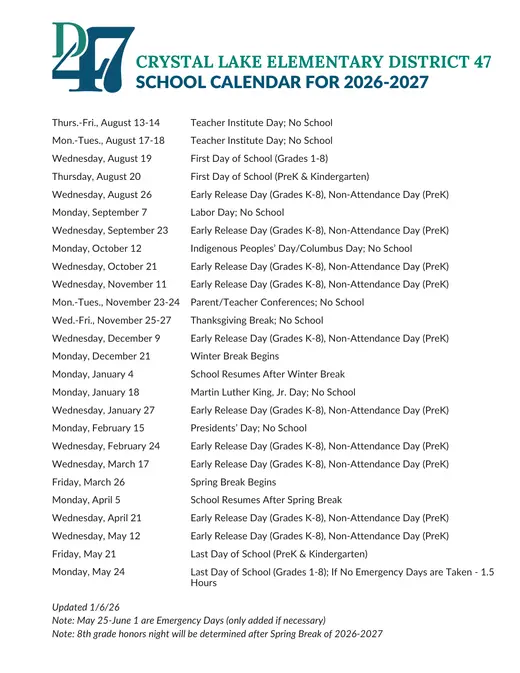 Crystal Lake Elementary District 47 2026–2027 Academic Calendar Page 1