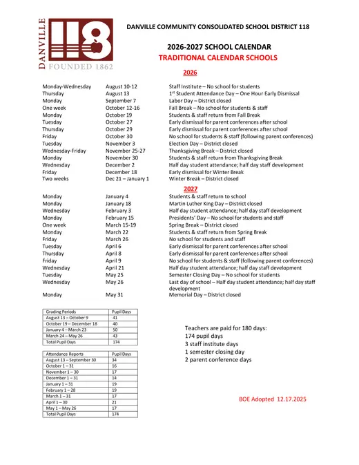 Danville Community Consolidated School District 118 2026–2027 Academic Calendar