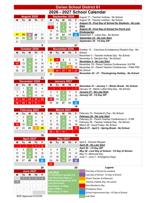Darien School District 61 2026–2027 Academic Calendar