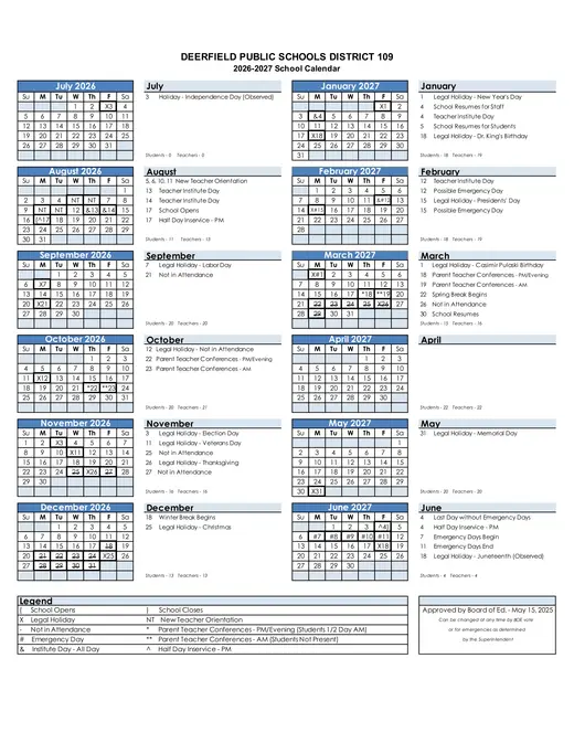 Deerfield Public Schools District 109 2026–2027 Academic Calendar Page 1